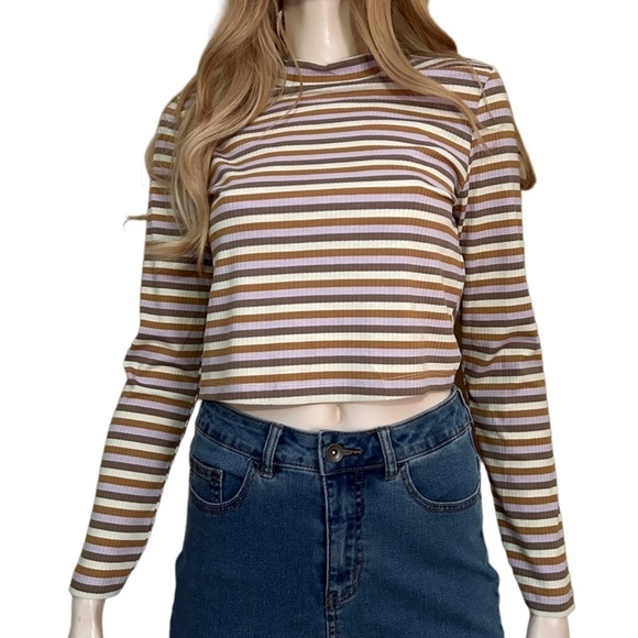 Vero Moda Sweater Top Lavender Cream Stripe Rayon Blend Long Sleeve Mock Neck - Picture 1 of 10